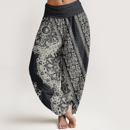 Cotton Mandala Pattern Parallel Flowers Women's Elastic Waist Harem Pants