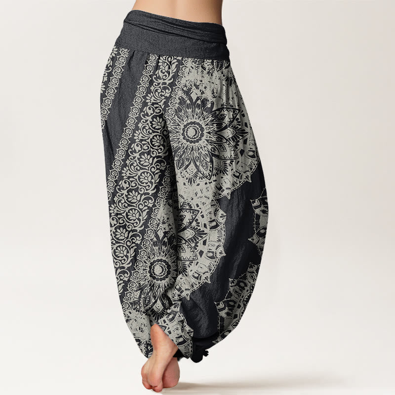 Cotton Mandala Pattern Parallel Flowers Women's Elastic Waist Harem Pants