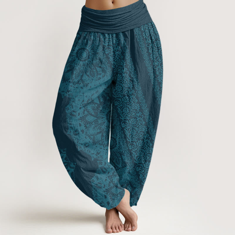 Cotton Mandala Pattern Parallel Flowers Women's Elastic Waist Harem Pants