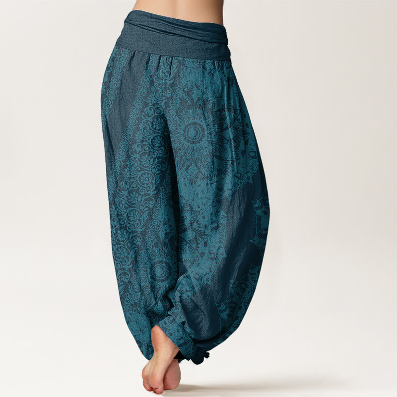 Cotton Mandala Pattern Parallel Flowers Women's Elastic Waist Harem Pants