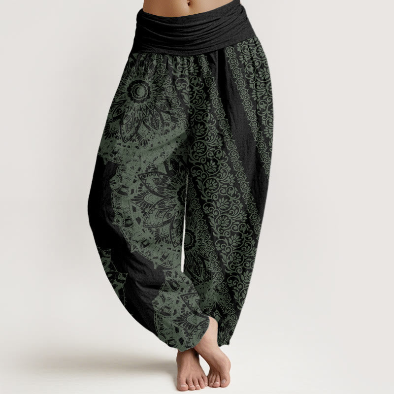 Cotton Mandala Pattern Parallel Flowers Women's Elastic Waist Harem Pants