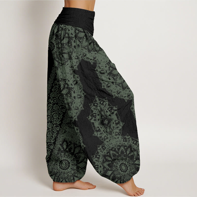 Cotton Mandala Pattern Parallel Flowers Women's Elastic Waist Harem Pants