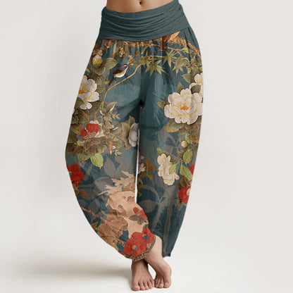 Cotton Casual Peony Flowers Leaves Magpie Women's Elastic Waist Harem Pants