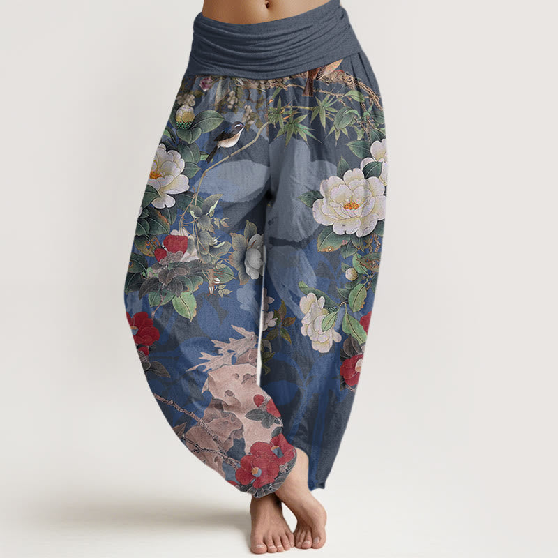 Cotton Casual Peony Flowers Leaves Magpie Women's Elastic Waist Harem Pants