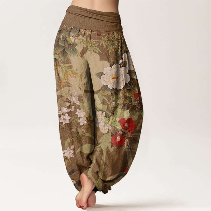 Cotton Casual Peony Flowers Leaves Magpie Women's Elastic Waist Harem Pants