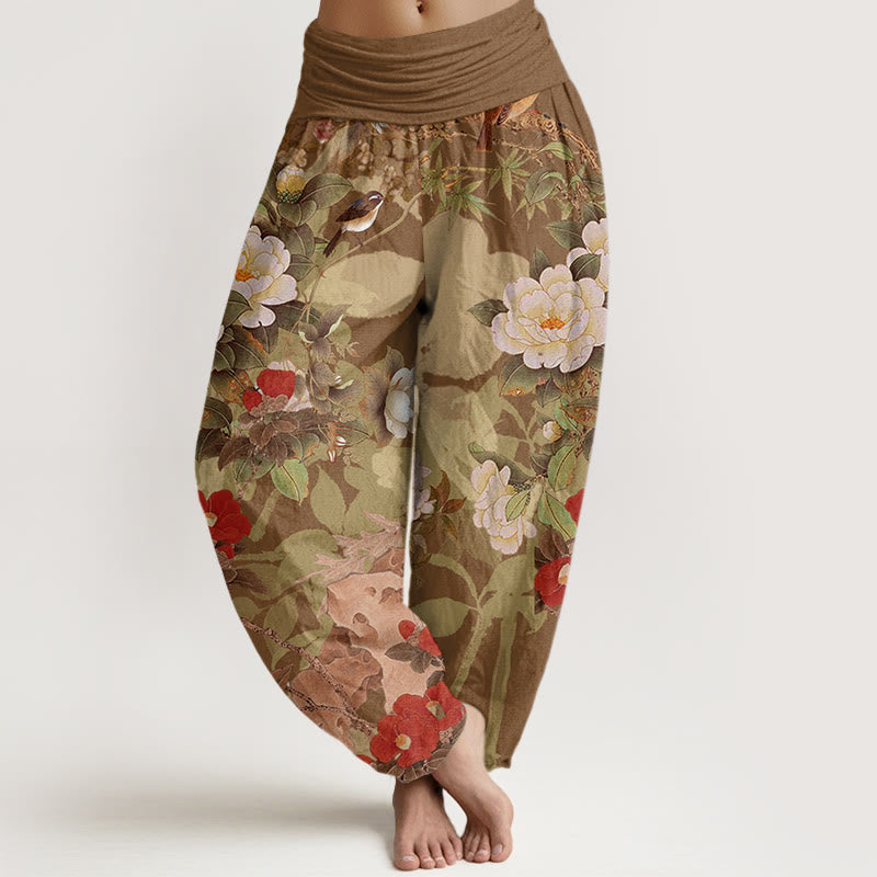 Cotton Casual Peony Flowers Leaves Magpie Women's Elastic Waist Harem Pants