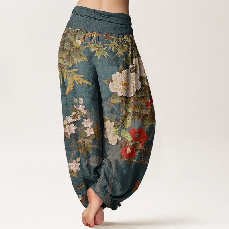 Cotton Casual Peony Flowers Leaves Magpie Women's Elastic Waist Harem Pants