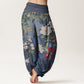 Cotton Casual Peony Flowers Leaves Magpie Women's Elastic Waist Harem Pants