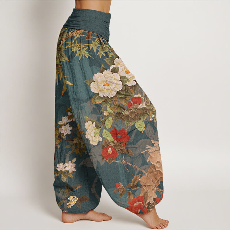 Cotton Casual Peony Flowers Leaves Magpie Women's Elastic Waist Harem Pants