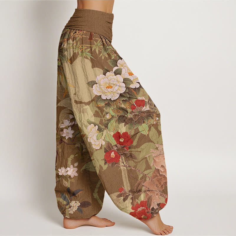Cotton Casual Peony Flowers Leaves Magpie Women's Elastic Waist Harem Pants