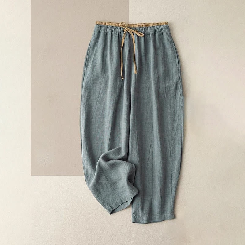 Casual Solid Color Cotton Linen Drawstring Women's Pants With Pockets