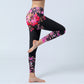 Black Pink Floral Leaves Print Gym Leggings Women's Yoga Pants