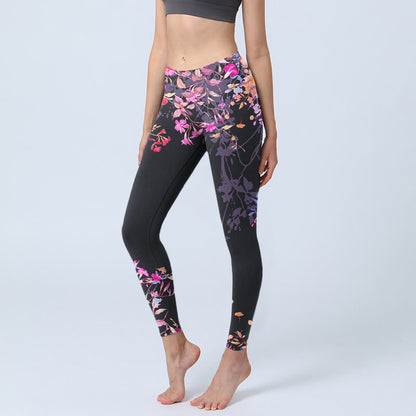 Black Pink Floral Leaves Print Gym Leggings Women's Yoga Pants