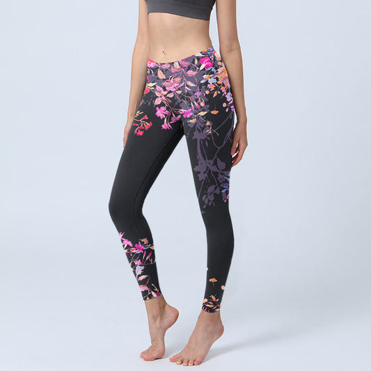 Black Pink Floral Leaves Print Gym Leggings Women's Yoga Pants