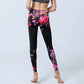 Black Pink Floral Leaves Print Gym Leggings Women's Yoga Pants