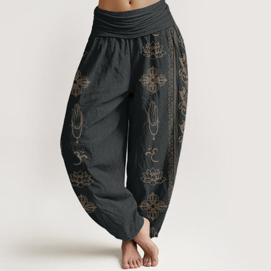 Cotton Lotus Flowers Double Dorje Vajra Namaste Om Design Women's Elastic Waist Harem Pants