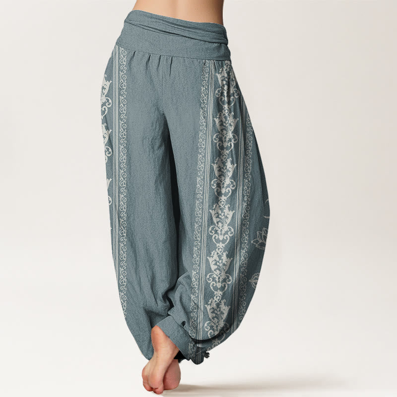 Cotton Lotus Flowers Double Dorje Vajra Namaste Om Design Women's Elastic Waist Harem Pants