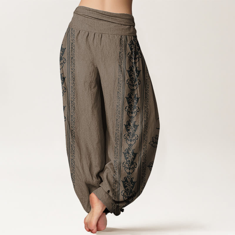 Cotton Lotus Flowers Double Dorje Vajra Namaste Om Design Women's Elastic Waist Harem Pants