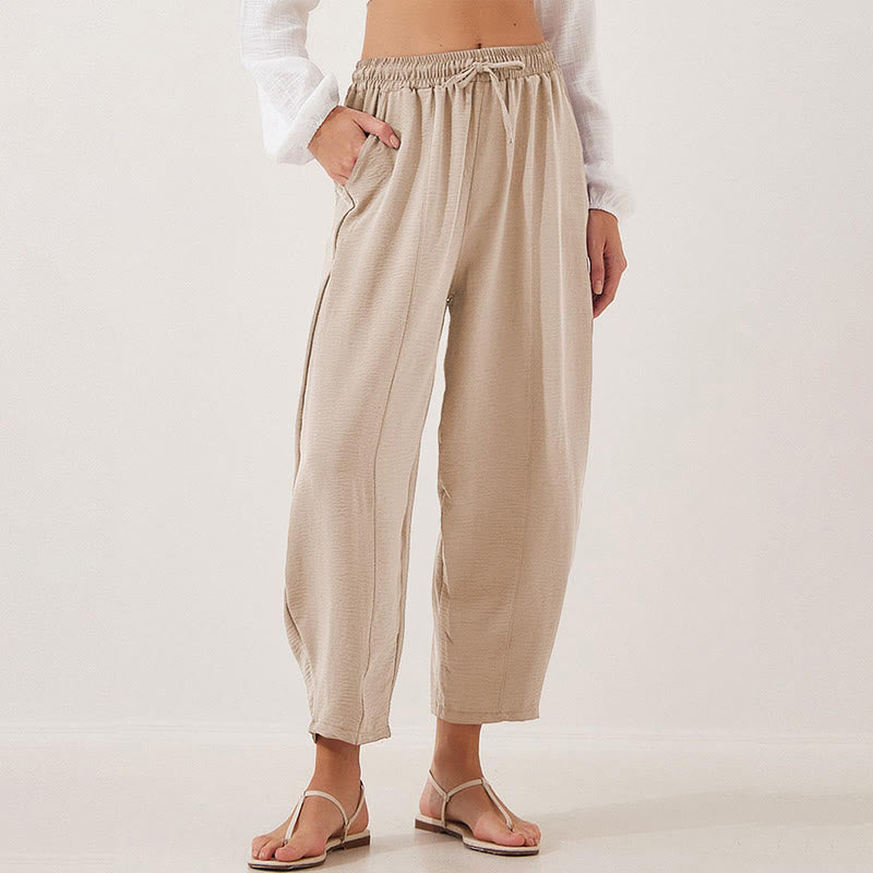 Casual Plain Loose Drawstring Women's Polyester 7/8 Length Pants  With Pockets