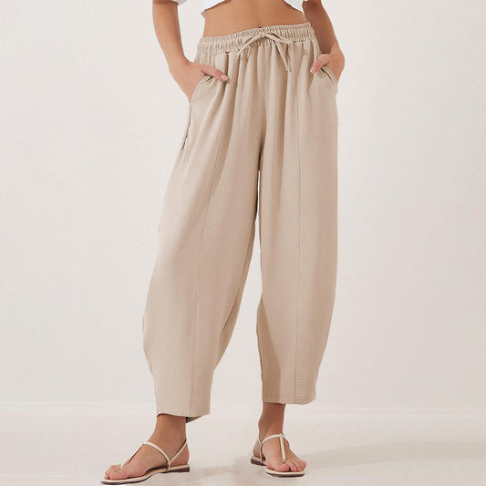 Casual Plain Loose Drawstring Women's Polyester 7/8 Length Pants  With Pockets