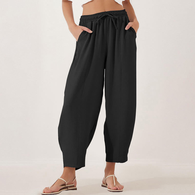 Casual Plain Loose Drawstring Women's Polyester 7/8 Length Pants  With Pockets