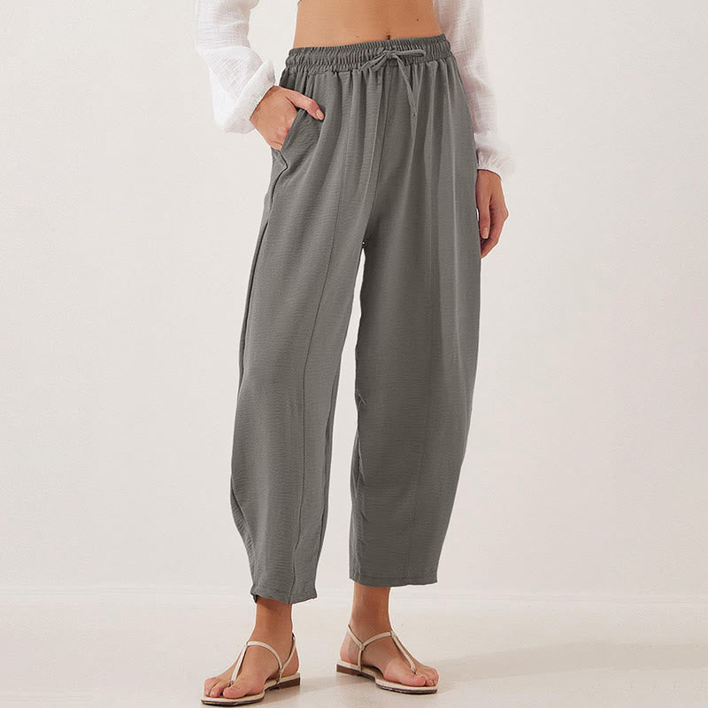 Casual Plain Loose Drawstring Women's Polyester 7/8 Length Pants  With Pockets
