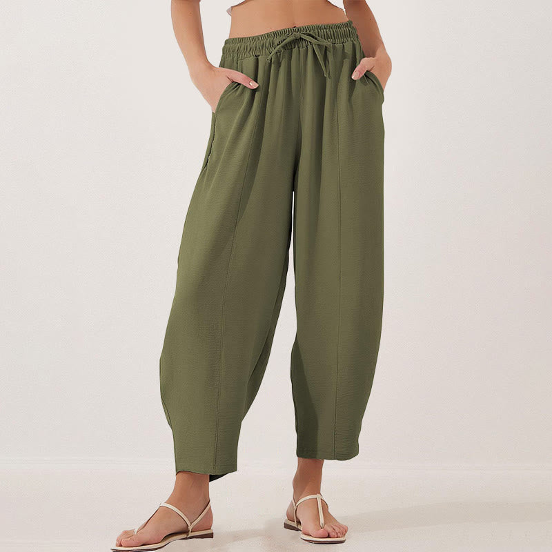 Casual Plain Loose Drawstring Women's Polyester 7/8 Length Pants  With Pockets