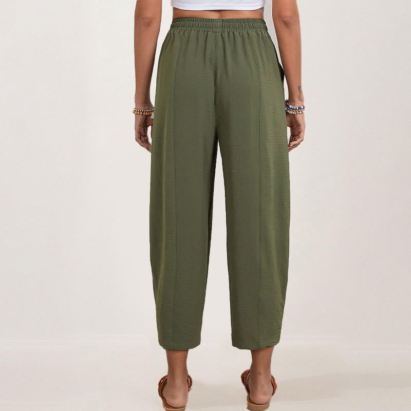 Casual Plain Loose Drawstring Women's Polyester 7/8 Length Pants  With Pockets