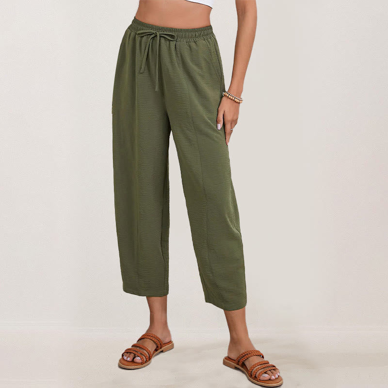 Casual Plain Loose Drawstring Women's Polyester 7/8 Length Pants  With Pockets