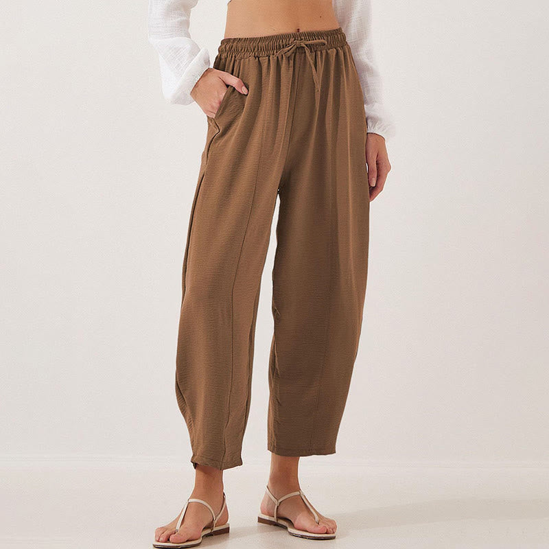 Casual Plain Loose Drawstring Women's Polyester 7/8 Length Pants  With Pockets