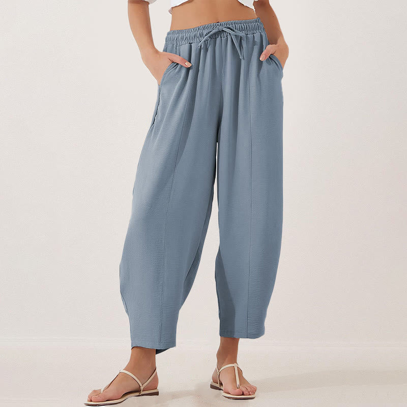 Casual Plain Loose Drawstring Women's Polyester 7/8 Length Pants  With Pockets
