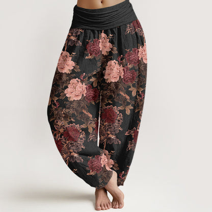 Cotton Casual Lush Peony Flowers Leaf Pattern Women's Elastic Waist Harem Pants