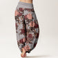 Cotton Casual Lush Peony Flowers Leaf Pattern Women's Elastic Waist Harem Pants