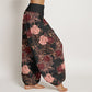 Cotton Casual Lush Peony Flowers Leaf Pattern Women's Elastic Waist Harem Pants