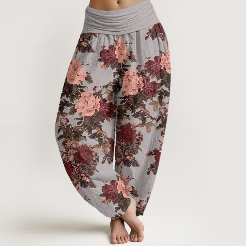Cotton Casual Lush Peony Flowers Leaf Pattern Women's Elastic Waist Harem Pants