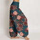 Cotton Casual Lush Peony Flowers Leaf Pattern Women's Elastic Waist Harem Pants