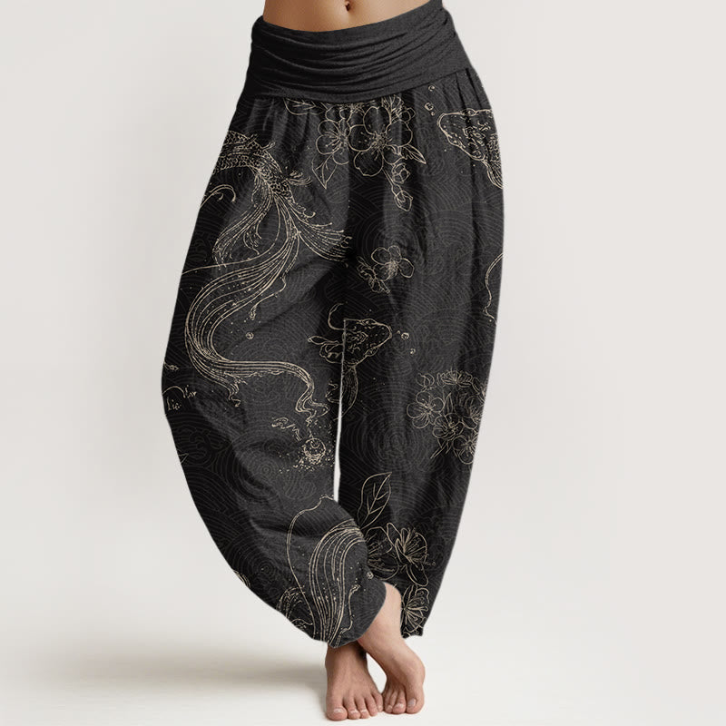 Cotton Koi Fish Floral Pattern Women's Elastic Waist Harem Pants