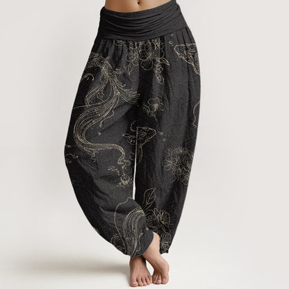 Cotton Koi Fish Floral Pattern Women's Elastic Waist Harem Pants