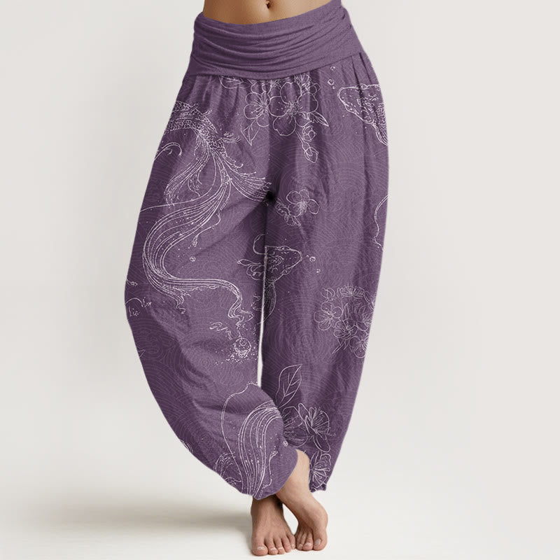 Cotton Koi Fish Floral Pattern Women's Elastic Waist Harem Pants