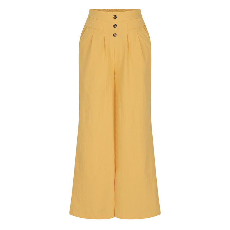 Retro Casual High Waist Cotton Women's Wide Leg Pants With Pockets