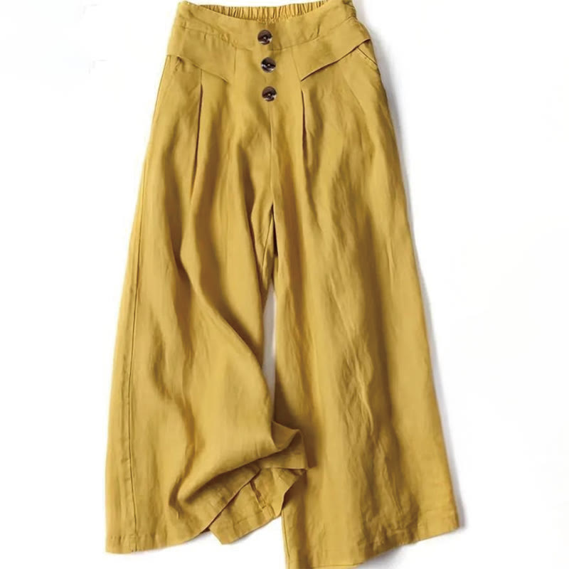 Retro Casual High Waist Cotton Women's Wide Leg Pants With Pockets