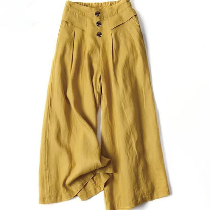 Retro Casual High Waist Cotton Women's Wide Leg Pants With Pockets