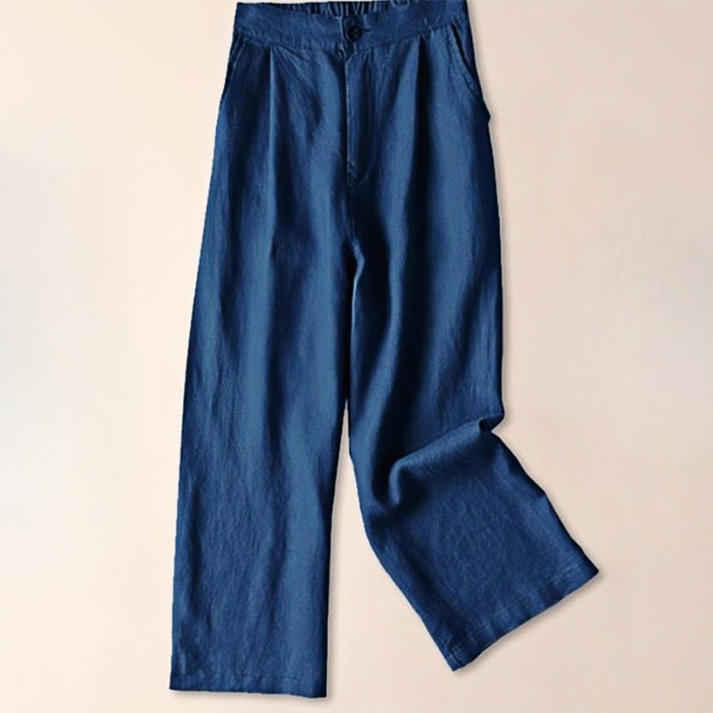 Commute Solid Color Drawstring 7-8 Length Cotton Linen Women's Wide Leg Pants With Pockets