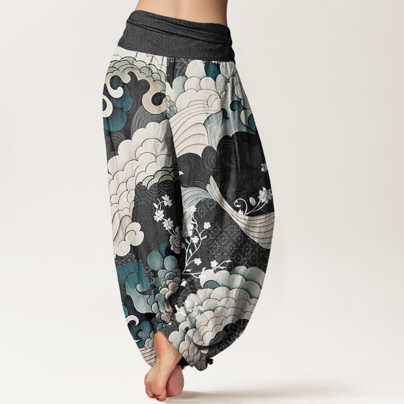 Cotton Flower Wave Pattern Women's Elastic Waist Harem Pants