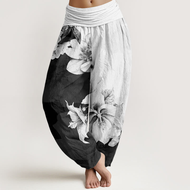 Cotton Camellia Pattern Women's Elastic Waist Harem Pants