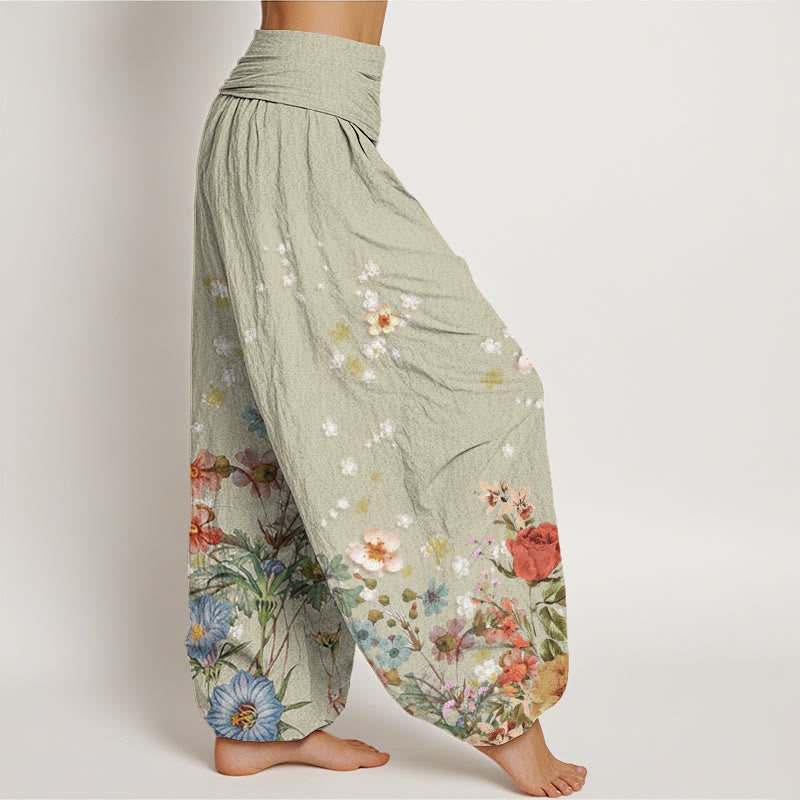 Cotton Various Flowers Pattern Women's Elastic Waist Harem Pants