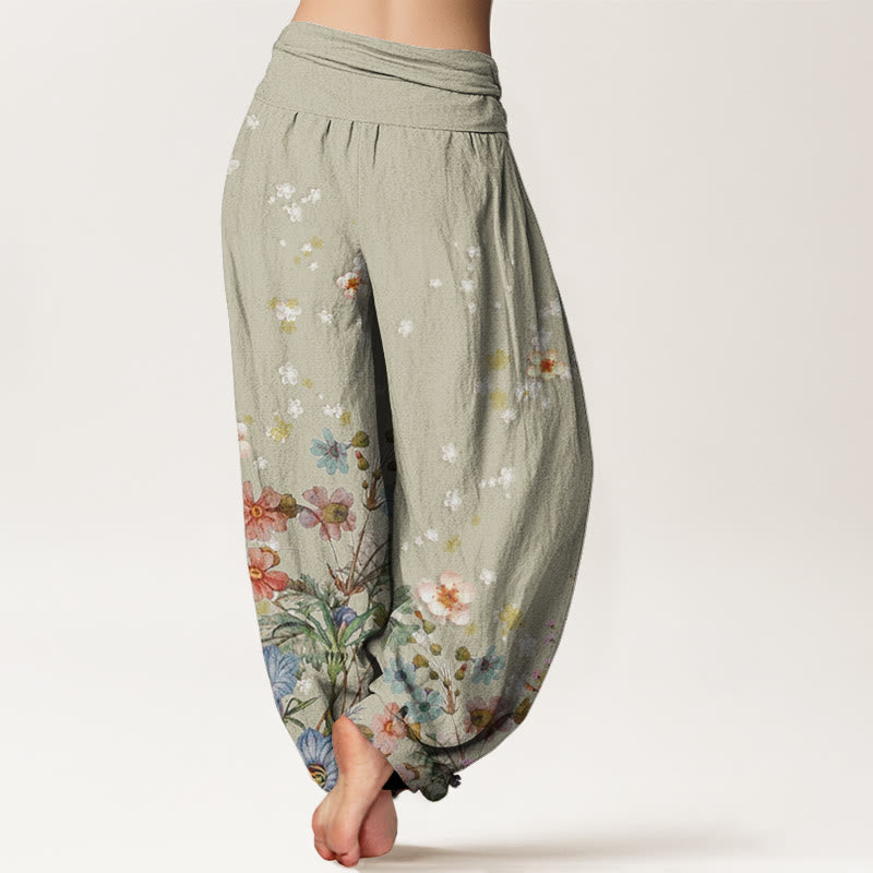 Cotton Various Flowers Pattern Women's Elastic Waist Harem Pants
