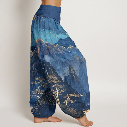 Cotton Casual Full Moon Mountains Trees River Pattern Women's Elastic Waist Harem Pants