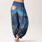 Cotton Casual Full Moon Mountains Trees River Pattern Women's Elastic Waist Harem Pants