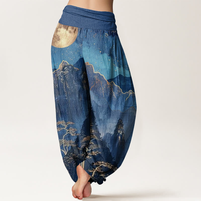 Cotton Casual Full Moon Mountains Trees River Pattern Women's Elastic Waist Harem Pants